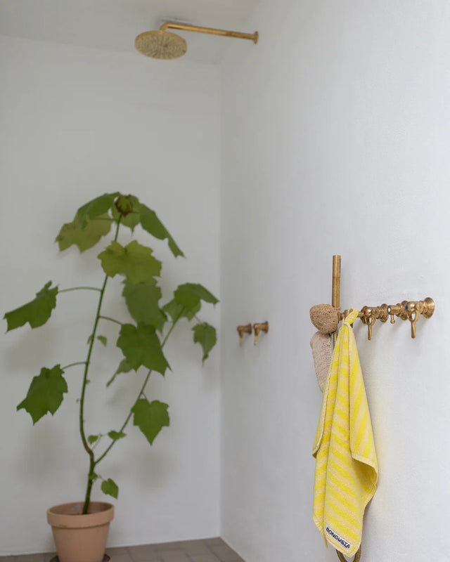 Gästehandtuch in Neongelb und Cremeweiß an Messinghaken in einer weißen Dusche, daneben eine Pflanze im Terrakottatopf