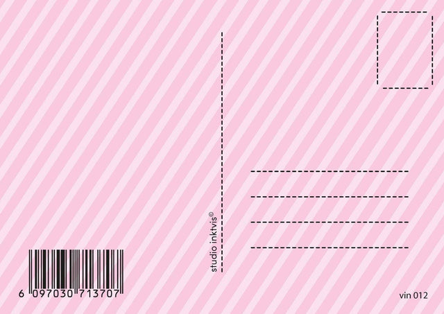 Rückseite der Postkarte „Santa does it for the Ho Ho Ho“ von Studio Inktvis: rosa-weiße Diagonalstreifen mit Briefmarkenfeld und vier Adresszeilen