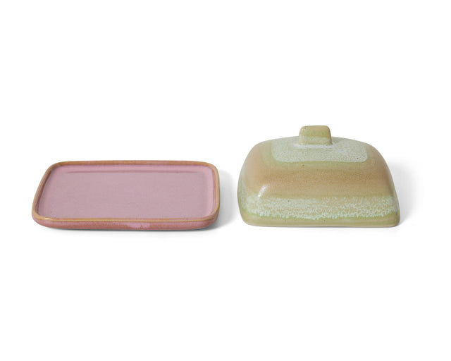 Butterdose SKYLINE: rosa Platte mit ockerfarbenem Rand und Deckel nebeneinander