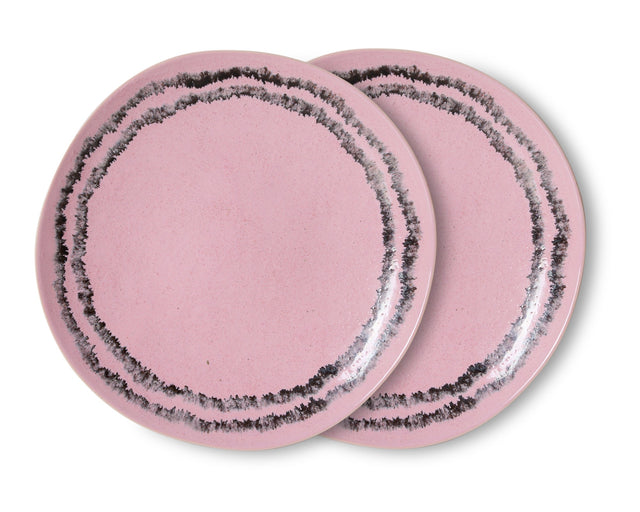 Zwei Frühstücksteller BUBBLE von HKliving, rosa Steinzeug mit dunklem handgemaltem Doppelring