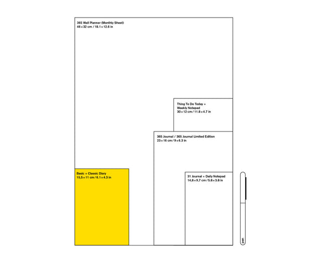 Größenvergleich der Marjolein-Delhaas-Reihe, Basic Planner mit 15,5 x 11 cm gelb markiert