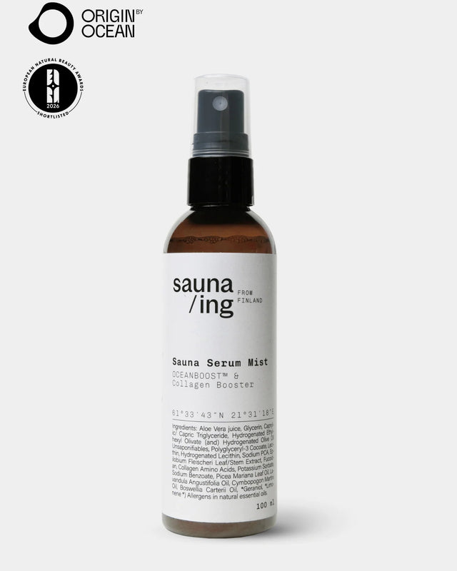 Gesichtsspray Sauna Serum Mist von sauna/ing in brauner Sprühflasche mit hellem Etikett, 100 ml
