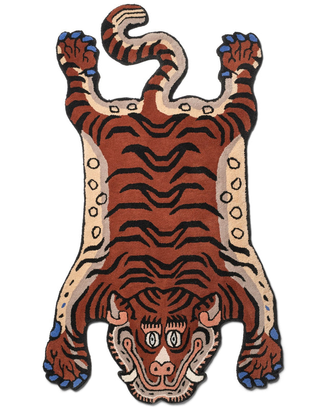 Großer Wollteppich FRANKIE TIGER RUG von Bongusta, 115 x 190 cm, Tiger in Rostbraun mit blauen Krallen, frontal von oben