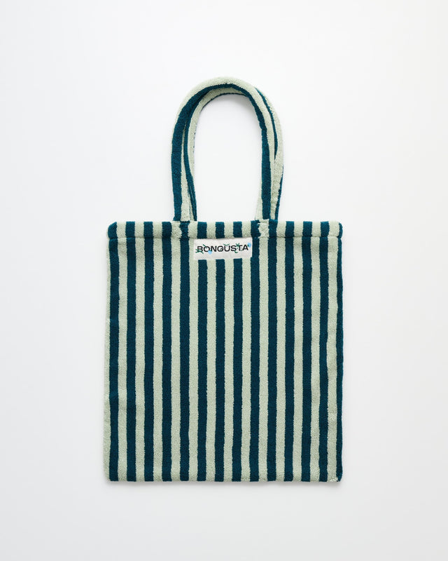 Tote Bag NARAM von Bongusta aus Frottee mit senkrechten Streifen in Mint und dunklem Petrol, flach liegend vor hellem Hintergrund
