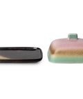 Butterdose MERCURY: flache dunkelbraune Platte und matter Deckel nebeneinander