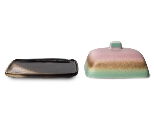 Butterdose MERCURY: flache dunkelbraune Platte und matter Deckel nebeneinander