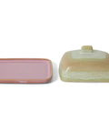 Butterdose SKYLINE: rosa Platte mit ockerfarbenem Rand und Deckel nebeneinander