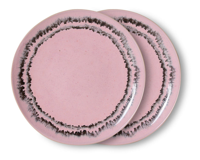 Zwei Dessertteller BUBBLE von HKliving, rosa Steinzeug mit dunklem handgemaltem Doppelring
