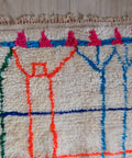 Teppichende mit einer Reihe pinker Dreiecke und verzweigten Linien in Orange und Blau