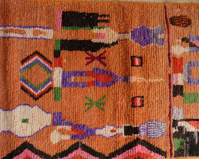 Detail: Raute, Sterne und Figuren in Lila, Grün, Pink und Schwarz auf Orange