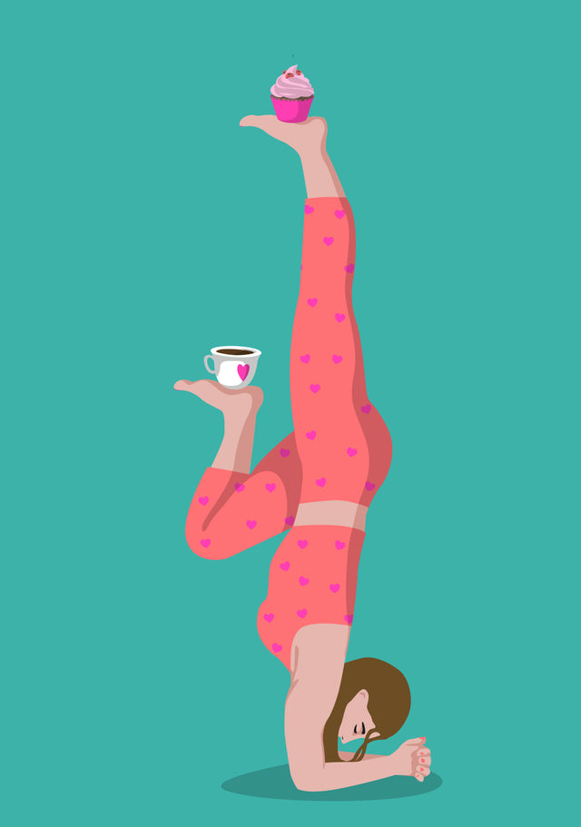 Postkarte Yoga-Handstand mit Kaffee und Muffin | Din A6